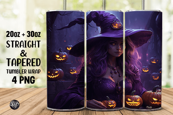 Purple Witch with Pumpkin Tumbler Wraps Graphics