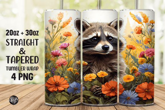 Raccoon Flower Garden Tumbler Wrap PNG: Graphics for Whimsical Tumbler Wraps