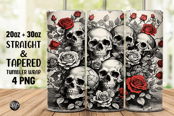 Skulls and Roses Sublimation Tumbler PNG: Graphics for Bold Tumbler Wraps