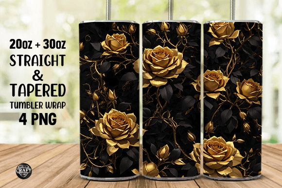 Tumbler Wrap Roses Black and Gold Sublim Graphics